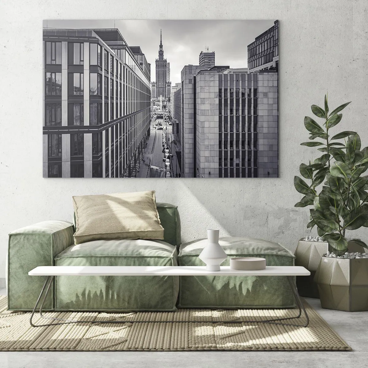 Glasbild - Bild auf glas - Schwarz-weiße Stadtansicht mit Wolkenkratzern und einer Straße - 70x50cm - Warschauer Tal - Moderne Wanddekoration für Wohnzimmer und Schlafzimmer ARTTOR