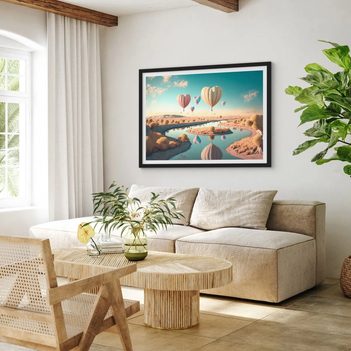 Poster in einem schwarzem Rahmen - Herzförmige Ballons schweben über der Landschaft - 70x50cm - Dank Liebe steigt man auf - Moderne Wanddekoration für Wohnzimmer und Schlafzimmer ARTTOR