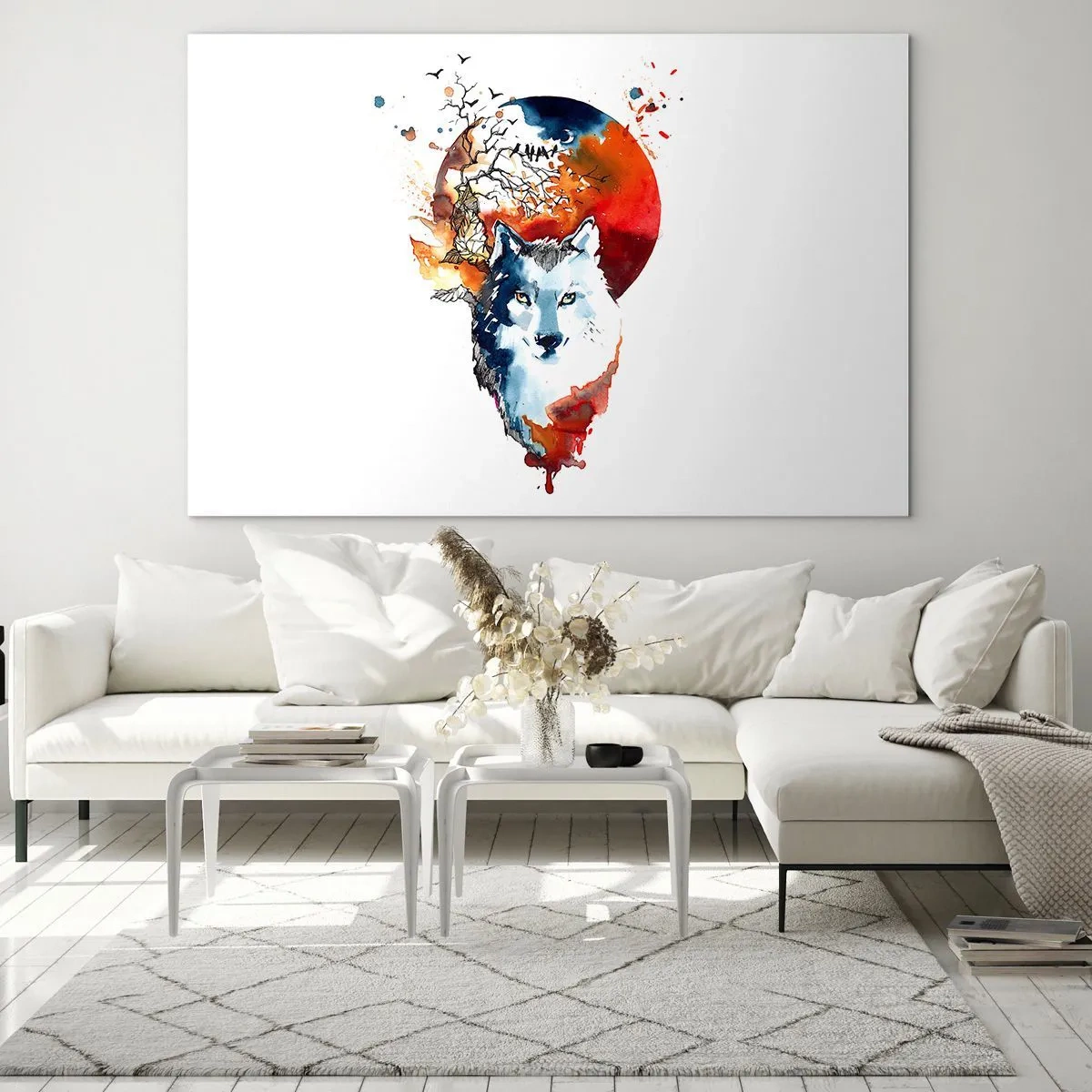 Glasbild - Bild auf glas - Illustration eines Wolfes mit einem Vollmond im Hintergrund - 120x80cm - Nase an Nase mit der Nacht - Moderne Wanddekoration für Wohnzimmer und Schlafzimmer ARTTOR