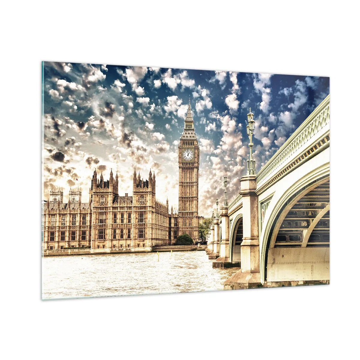 Glasbild - Bild auf glas - Big Ben und Westminster Bridge in London - 100x70cm - Federwolken über der Themse - Moderne Wanddekoration für Wohnzimmer und Schlafzimmer ARTTOR