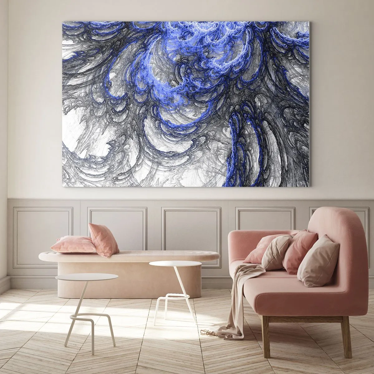 Glasbild - Bild auf glas - Dynamische Abstraktion in Blau- und Grautönen - 120x80cm - Die Geburt einer Welle - Moderne Wanddekoration für Wohnzimmer und Schlafzimmer ARTTOR