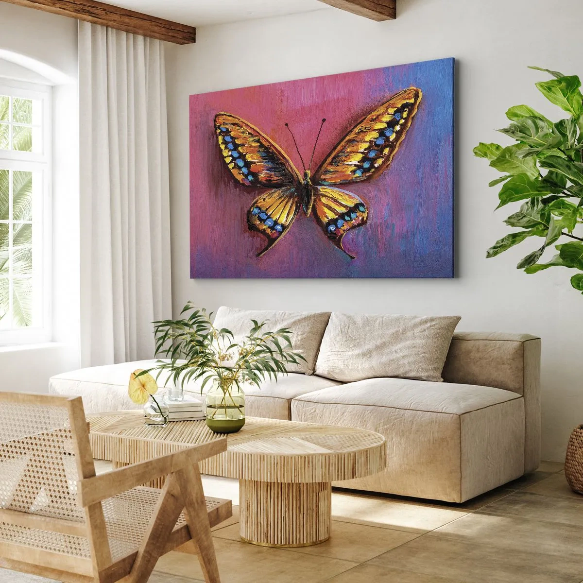 Bild auf Leinwand - Leinwandbild - Bunter Schmetterling auf abstraktem Hintergrund - 70x50cm - Ein Juwel der Natur - Moderne Wanddekoration für Wohnzimmer und Schlafzimmer ARTTOR