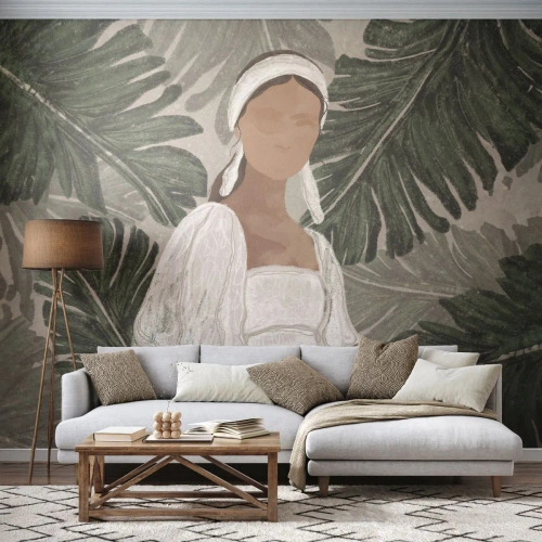 Fototapete Premium Sand - Die Figur einer Frau in einem weißen Kleid vor einem Hintergrund aus exotischen Blättern - 100x70cm - Exotisches Porträt - Moderne Wanddekoration für Wohnzimmer und Schlafzimmer ARTTOR