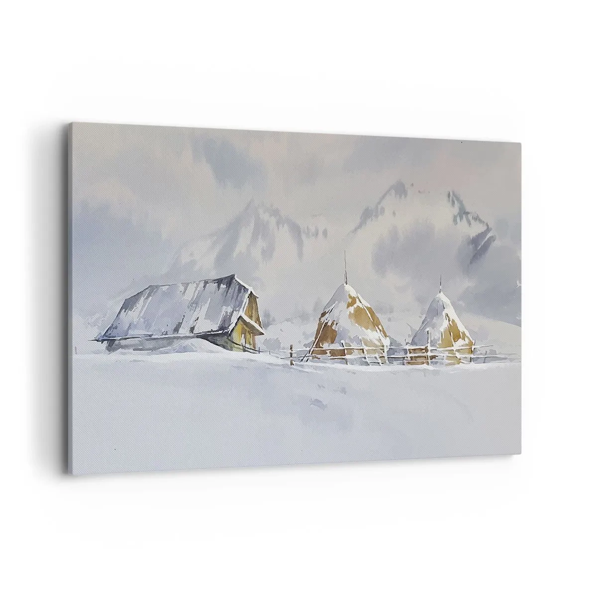 Bild auf Leinwand - Leinwandbild - Winterlandschaft mit Hütte und Heuhaufen in den Bergen - 100x70cm - In einem verschneiten Talkessel - Moderne Wanddekoration für Wohnzimmer und Schlafzimmer ARTTOR