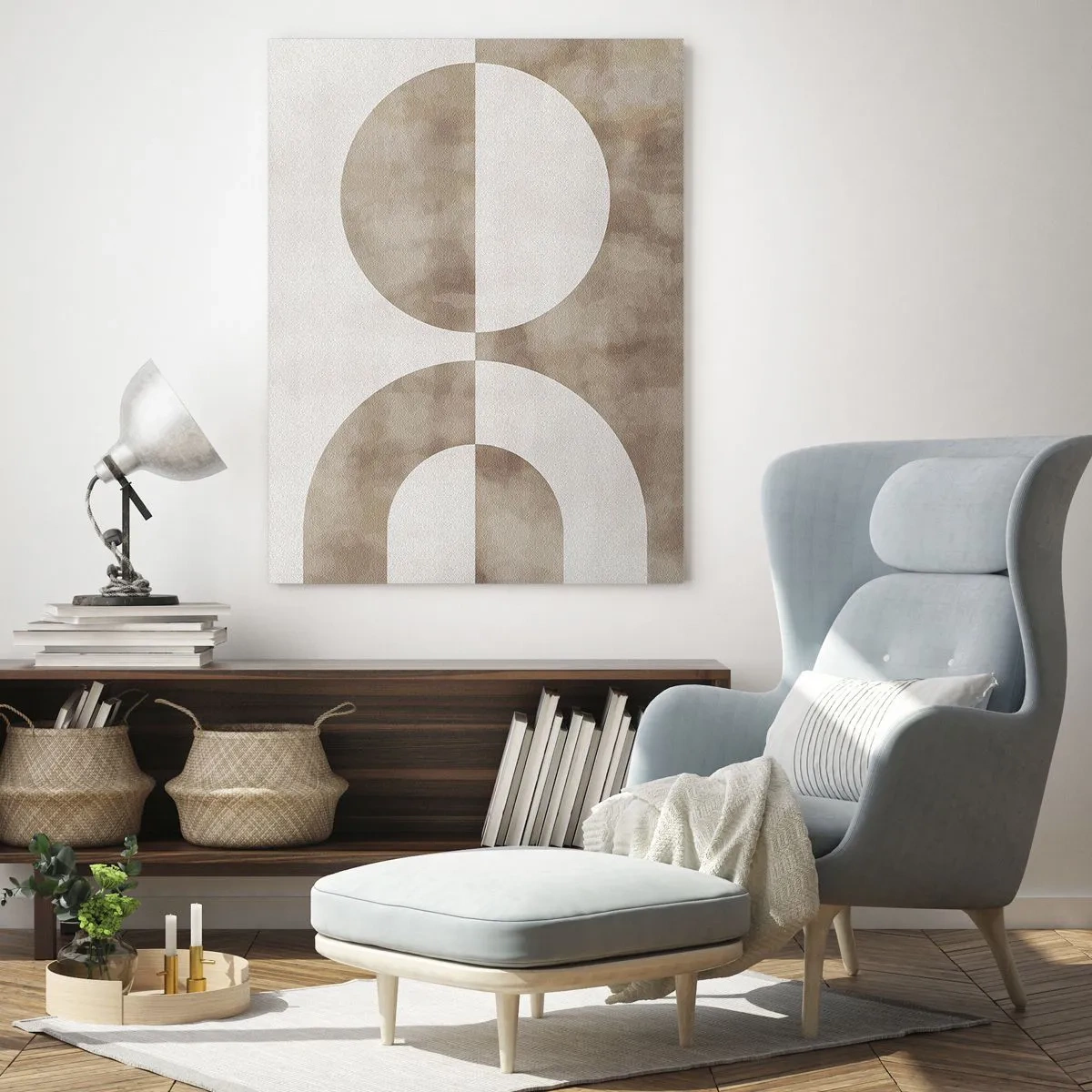 Glasbild - Bild auf glas - Beige Geometrie mit einem Halbkreis und einem Kreis auf einem horizontalen Hintergrund - 50x70cm - Ähnlichkeiten und Unterschiede - Moderne Wanddekoration für Wohnzimmer und Schlafzimmer ARTTOR