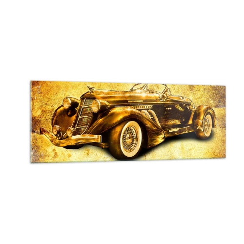 Glasbild - Bild auf glas - Ein klassisches goldenes Retro-Cabrio vor einem Vintage-Hintergrund in warmen Farben. - 140x50cm - Elite der Elite - Moderne Wanddekoration für Wohnzimmer und Schlafzimmer ARTTOR