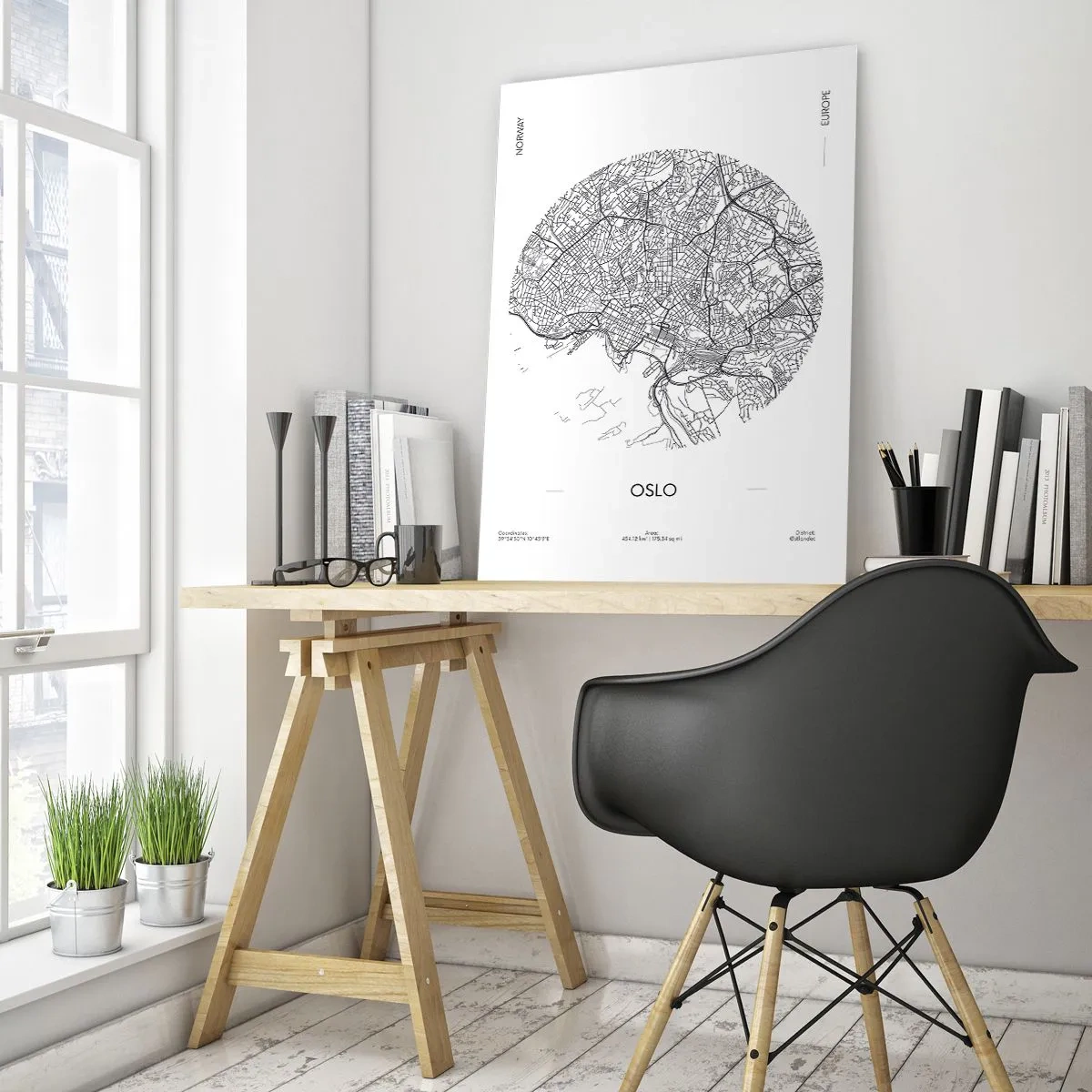 Glasbild - Bild auf glas - Oslo-Stadtplan im Schwarz-Weiß-Grafikstil - 50x70cm - Anatomie von Oslo - Moderne Wanddekoration für Wohnzimmer und Schlafzimmer ARTTOR