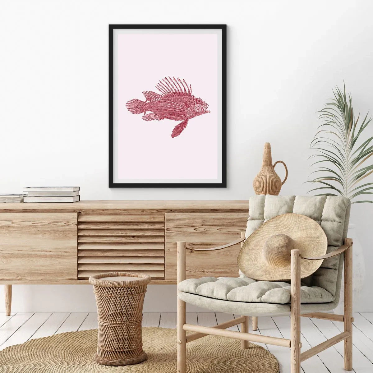 Poster in einem schwarzem Rahmen - Fischzeichnung im Vintage-Stil auf hellem Hintergrund - 50x70cm - Bewohner exotischer Gewässer - Moderne Wanddekoration für Wohnzimmer und Schlafzimmer ARTTOR