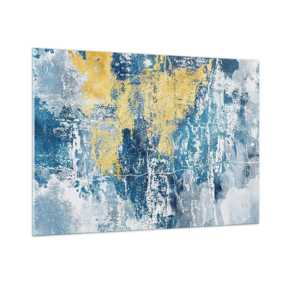 Glasbild - Bild auf glas - Blaue und gelbe Abstraktion mit einem Distressed- und Struktureffekt - 100x70cm - Abstraktion voller Wetter - Moderne Wanddekoration für Wohnzimmer und Schlafzimmer ARTTOR