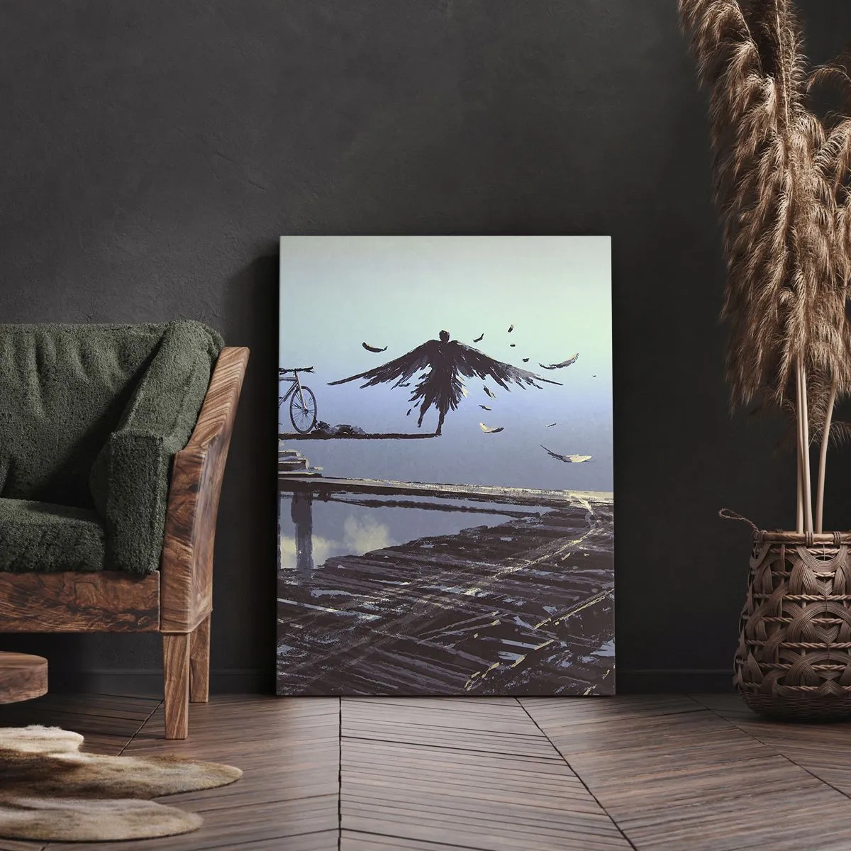 Bild auf Leinwand - Leinwandbild - Eine Figur mit Federn schwebt über einer Holzbrücke neben einem Fahrrad. - 50x70cm - Ikarus lebt für immer - Moderne Wanddekoration für Wohnzimmer und Schlafzimmer ARTTOR