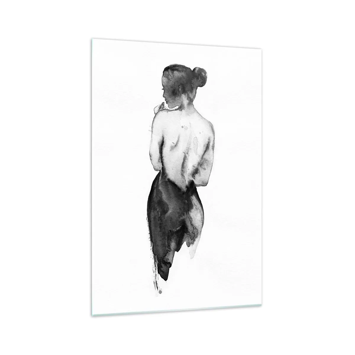 Glasbild - Bild auf glas - Die Figur einer Frau, eingefangen in subtilem Aquarell - 70x100cm - Bei ihr verschwindet die Welt - Moderne Wanddekoration für Wohnzimmer und Schlafzimmer ARTTOR
