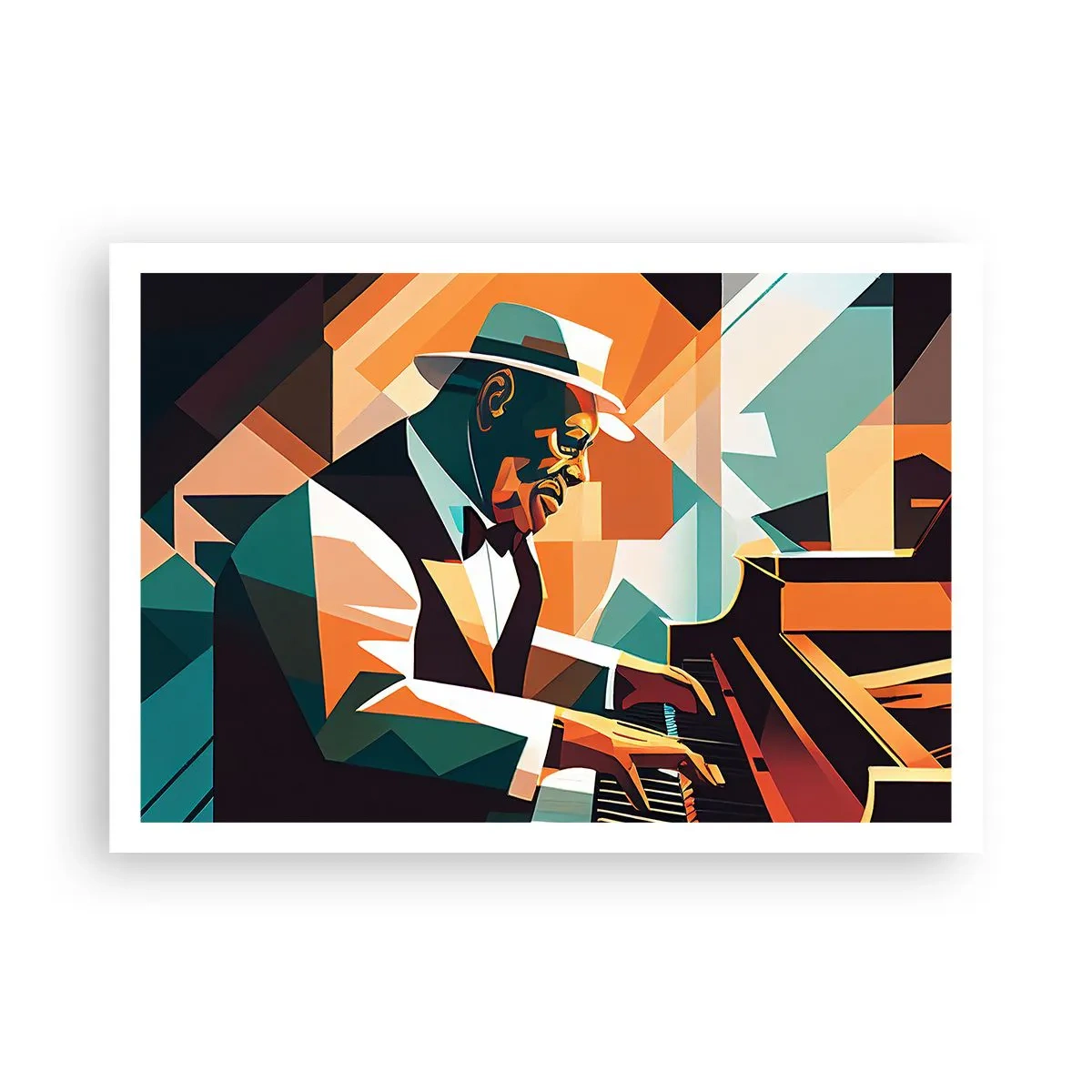 Poster - Abstrakter Musiker, der in warmen Farben Klavier spielt. - 100x70cm - Alles vom Jazz - Moderne Wanddekoration für Wohnzimmer und Schlafzimmer ARTTOR