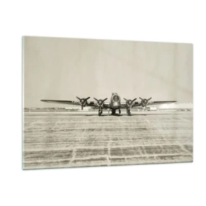 Glasbild - Bild auf glas - Historisches Flugzeug auf dem Flughafen im Sepia-Stil - 120x80cm - Wie immer bereit - Moderne Wanddekoration für Wohnzimmer und Schlafzimmer ARTTOR
