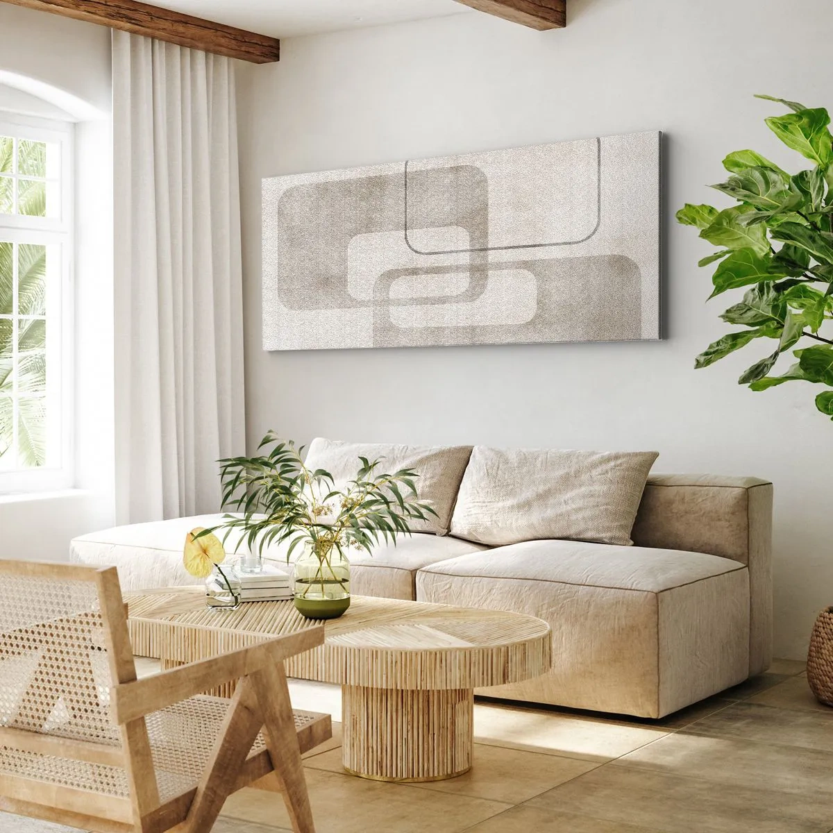 Bild auf Leinwand - Leinwandbild - Eine minimalistische Komposition mit Rechtecken in Beigetönen auf dezentem Hintergrund. - 140x50cm - Geometrische Fuge - Moderne Wanddekoration für Wohnzimmer und Schlafzimmer ARTTOR