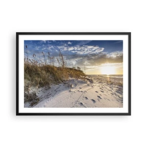 Poster in einem schwarzem Rahmen - Dünen mit Gras und Fußspuren im Sand bei Sonnenuntergang - 70x50cm - Einladung zu einem Spaziergang - Moderne Wanddekoration für Wohnzimmer und Schlafzimmer ARTTOR