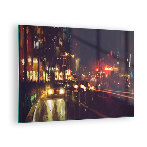 Glasbild - Bild auf glas - Stadtnachtlandschaft mit Autos und Straßenlaternen - 70x50cm - Eingetaucht in die Lichter der Nacht - Moderne Wanddekoration für Wohnzimmer und Schlafzimmer ARTTOR