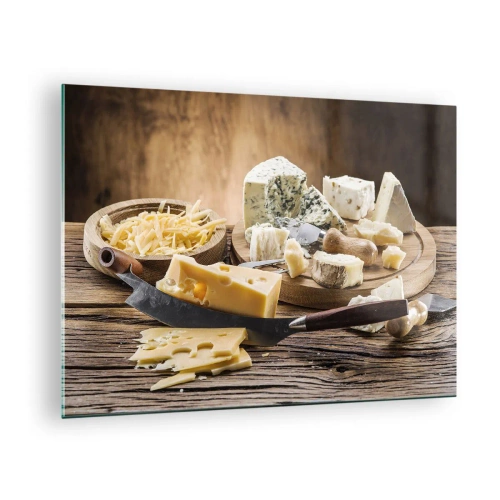 Glasbild - Bild auf glas - Käsebrett mit Messer auf rustikalem Tisch - 70x50cm - Lächeln Sie den Käse an - Moderne Wanddekoration für Wohnzimmer und Schlafzimmer ARTTOR