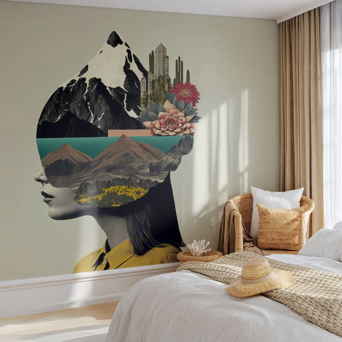 Fototapete Premium Sand - Frau – bleibt immer ein Geheimnis - Berge, Geist, Kopf - 100x70 cm