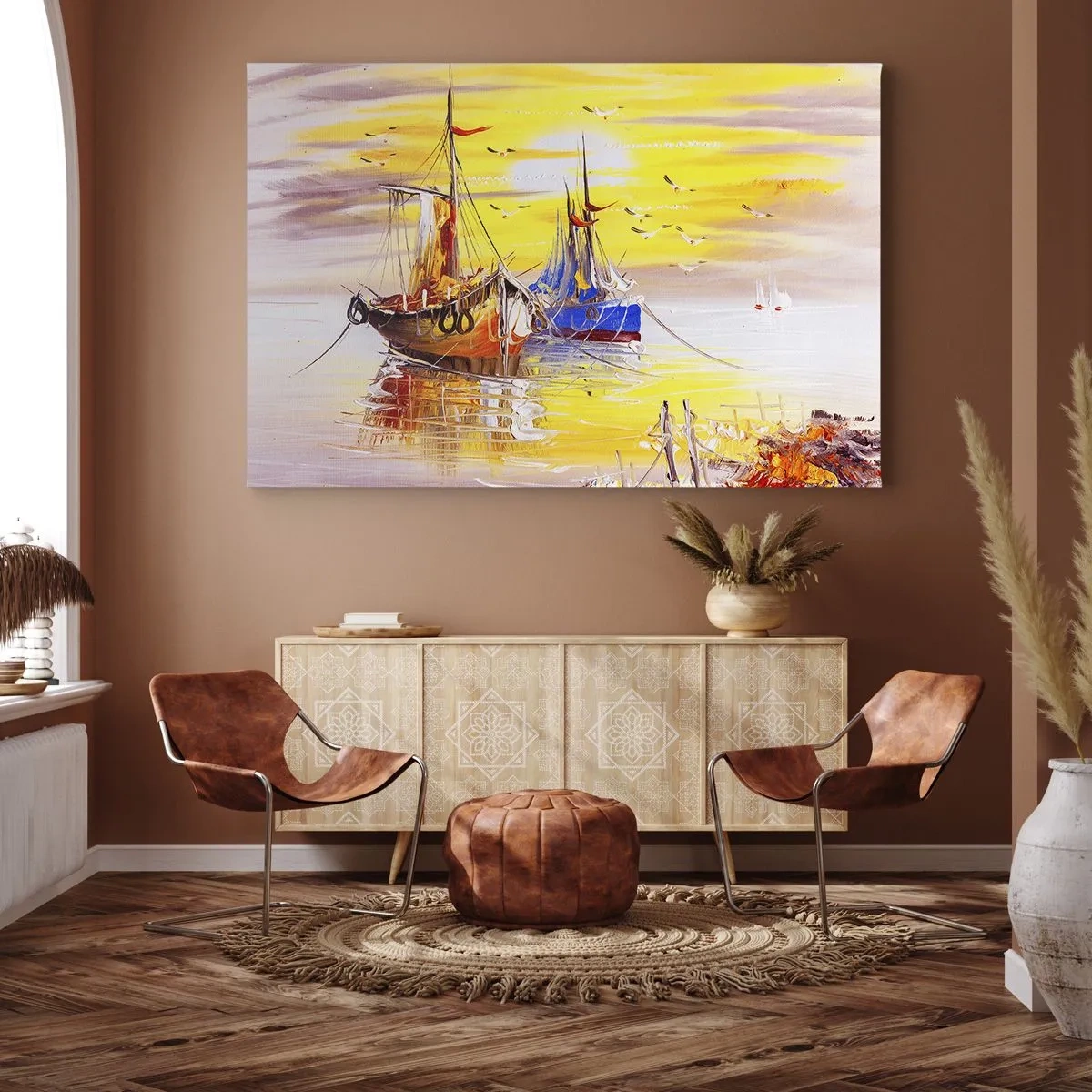 Bild auf Leinwand - Leinwandbild - Eine malerische Szene von Booten auf ruhiger See - 120x80cm - Eine wohlverdiente Pause im Hafen - Moderne Wanddekoration für Wohnzimmer und Schlafzimmer ARTTOR