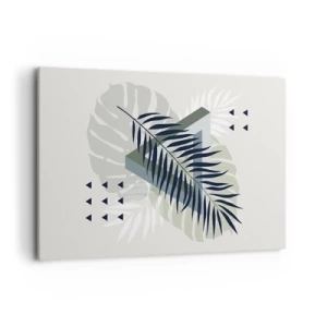 Bild auf Leinwand - Leinwandbild - Geometrische Komposition mit tropischen Blättern in Grüntönen - 120x80cm - Natur und Geometrie – zwei Ordnungen? - Moderne Wanddekoration für Wohnzimmer und Schlafzimmer ARTTOR