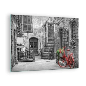 Glasbild - Bild auf glas - Schwarz-weiße Straße mit einem roten Fahrrad - 70x50cm - Toskanische Gasse - Moderne Wanddekoration für Wohnzimmer und Schlafzimmer ARTTOR
