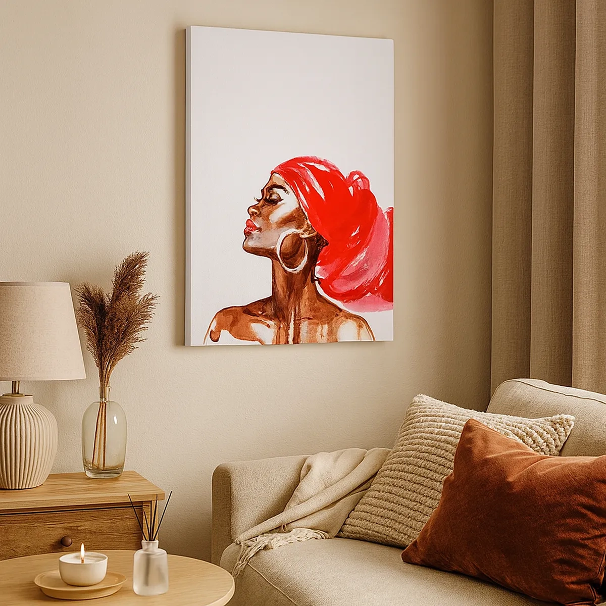 Bild auf Leinwand - Leinwandbild - Profil einer Frau mit rotem Turban und Ohrringen - 50x70cm - Es weht ein Wind, der die Nase eines Mannes öffnet - Moderne Wanddekoration für Wohnzimmer und Schlafzimmer ARTTOR