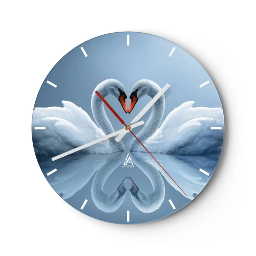 Wanduhr - Glasuhr - Ein Schwanenpaar bildet ein Herz auf einer ruhigen Wasseroberfläche - 30x30cm - Zeit für die Liebe - Moderne Wanddekoration für Wohnzimmer, Küche und Schlafzimmer ARTTOR