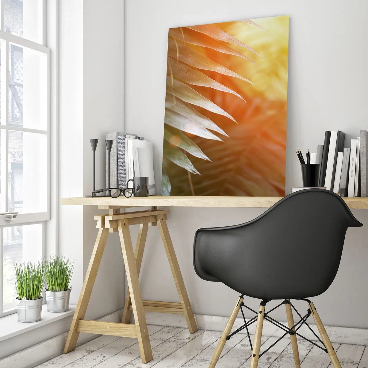 Glasbild - Bild auf glas - Palmblätter in den Strahlen des Sonnenuntergangs - 70x100cm - Morgen im Dschungel - Moderne Wanddekoration für Wohnzimmer und Schlafzimmer ARTTOR
