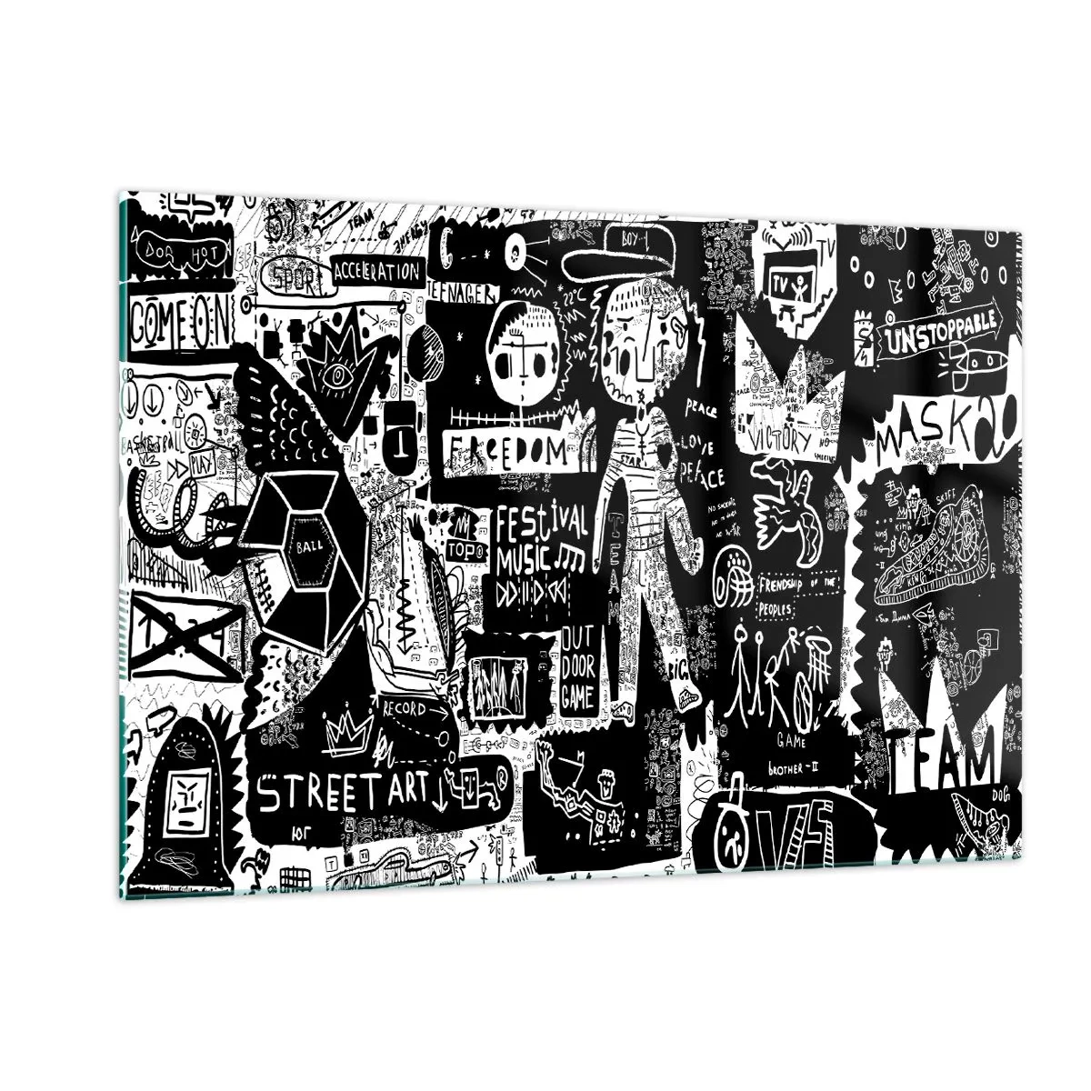 Glasbild - Bild auf glas - Schwarz-weiße Grafiken im Street-Art-Stil mit Figuren und Symbolen - 120x80cm - Spirituelle Jugend des Gesetzes und der Freude - Moderne Wanddekoration für Wohnzimmer und Schlafzimmer ARTTOR