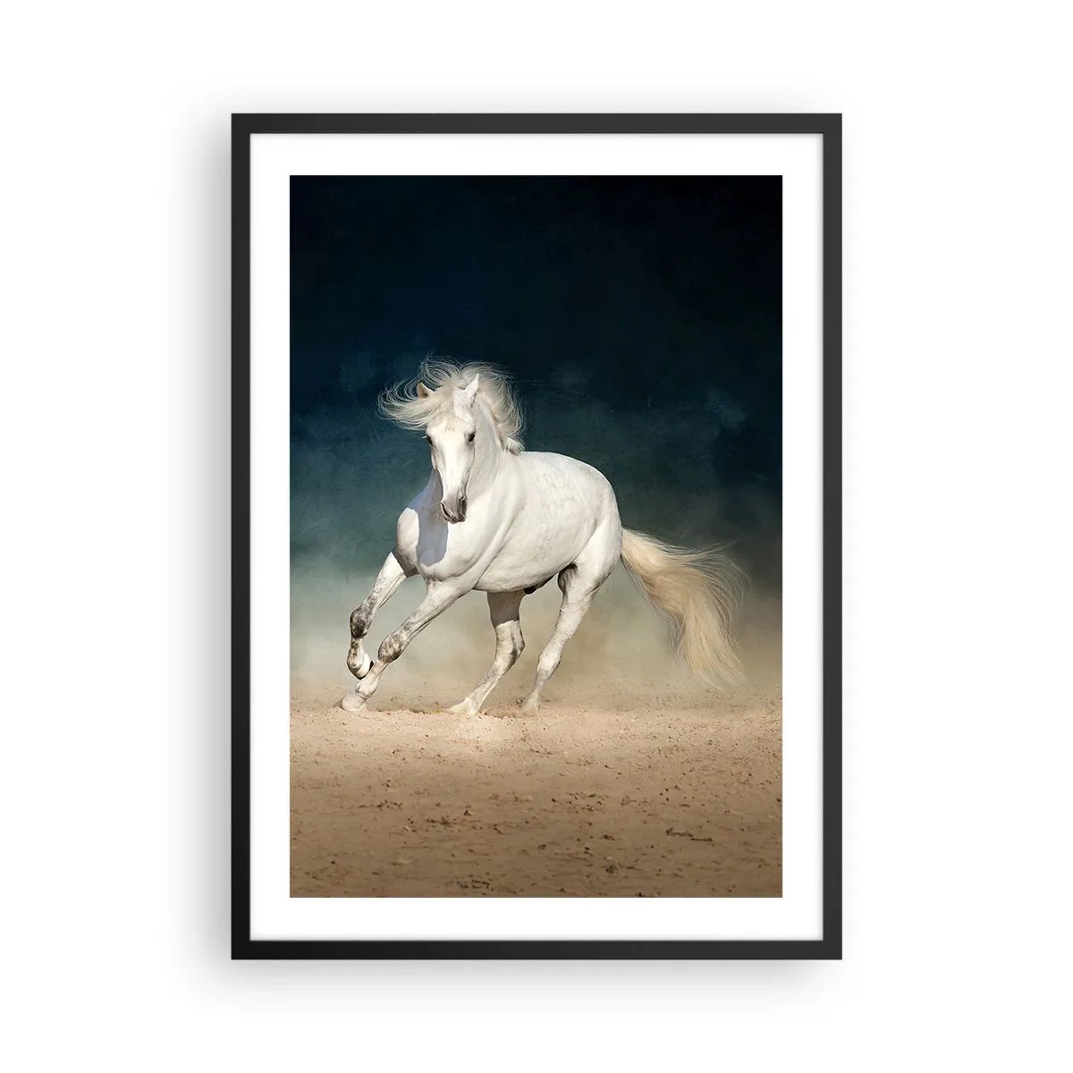 Poster in einem schwarzem Rahmen - Ein weißes Pferd galoppiert über den sandigen Boden - 50x70cm - Freiheit in ihrem reinen Zustand - Moderne Wanddekoration für Wohnzimmer und Schlafzimmer ARTTOR