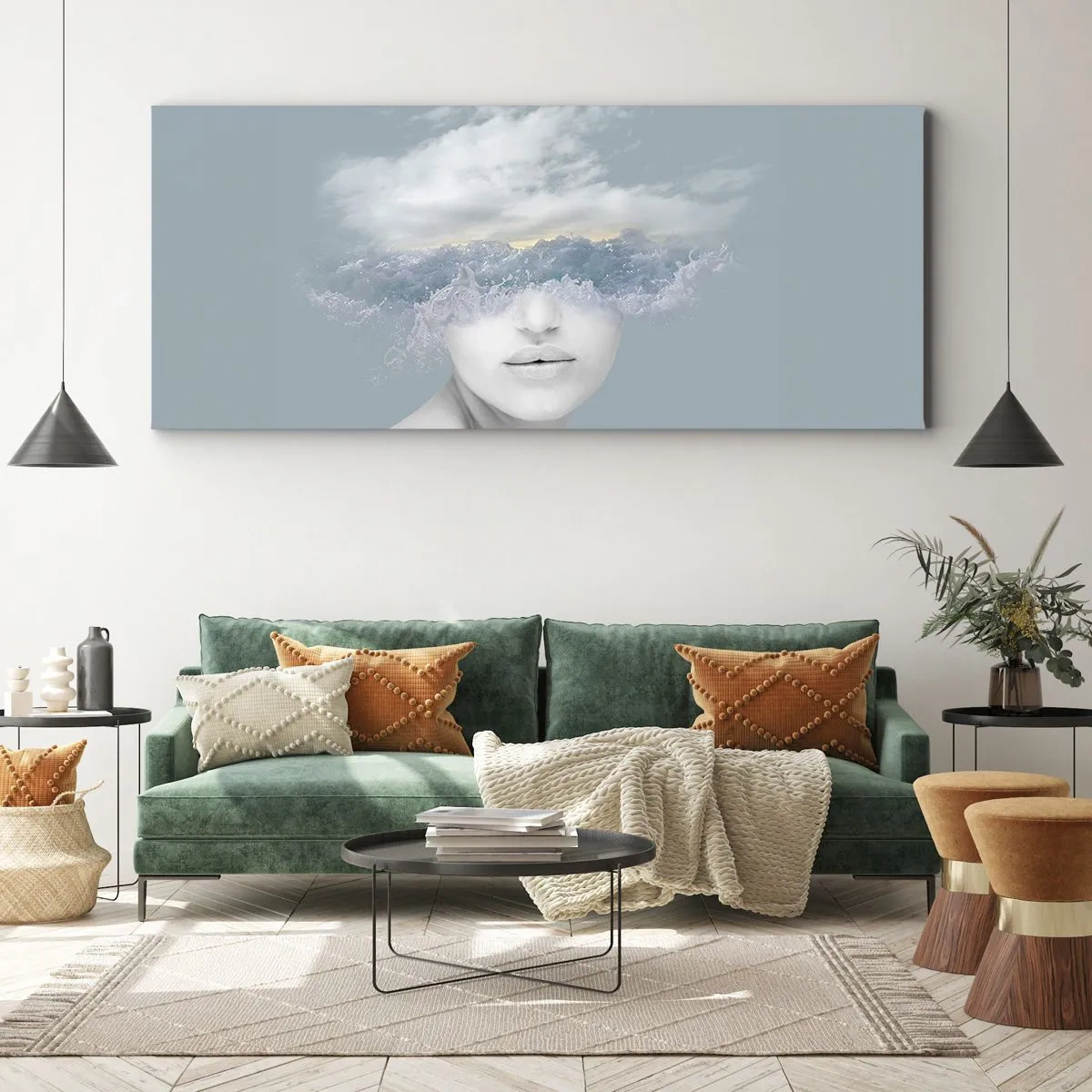 Bild auf Leinwand - Leinwandbild - Porträt einer Frau, deren Gesicht hinter Wolken und Wellen verborgen ist - 160x50cm - Mit dem Kopf in den Wolken - Moderne Wanddekoration für Wohnzimmer und Schlafzimmer ARTTOR