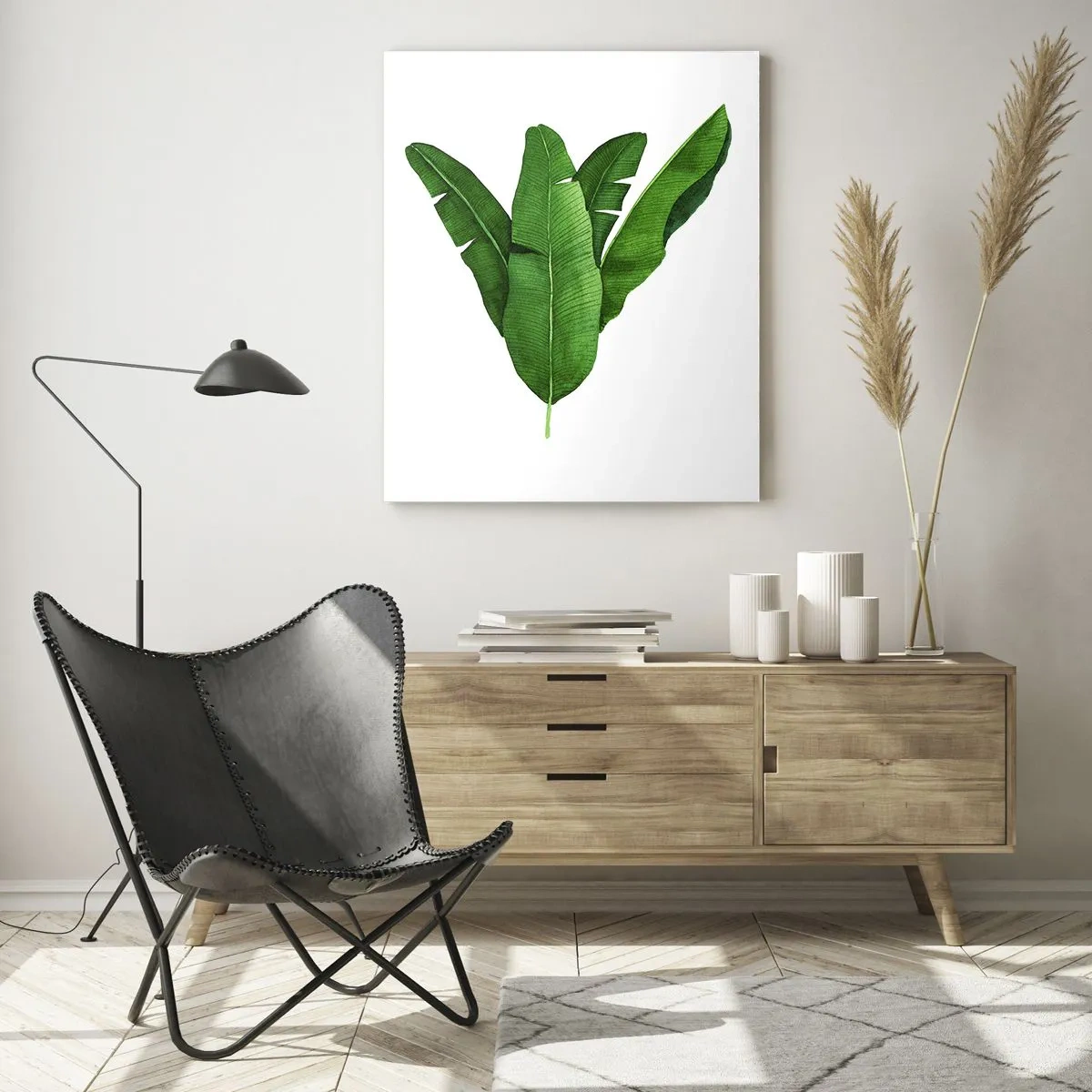 Glasbild - Bild auf glas - Vier grüne Bananenblätter auf weißem Hintergrund - 50x70cm - Grüne Symmetrie - Moderne Wanddekoration für Wohnzimmer und Schlafzimmer ARTTOR