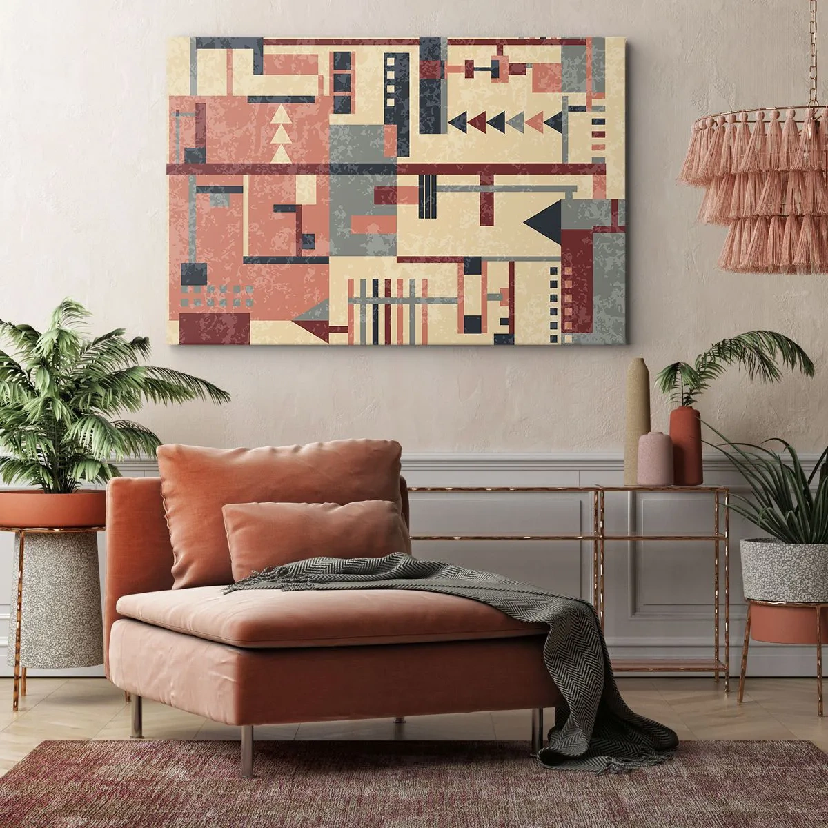 Bild auf Leinwand - Leinwandbild - Geometrisches Muster in Pastelltönen von Beige, Rot und Grau - 70x50cm - Eine Kombination aus Vertikalen und Ebenen - Moderne Wanddekoration für Wohnzimmer und Schlafzimmer ARTTOR