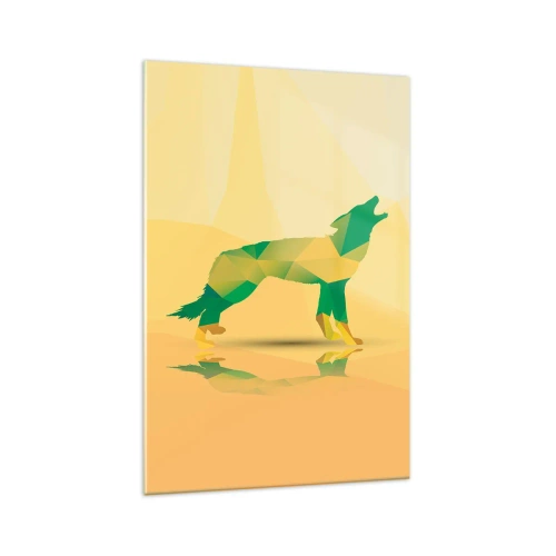 Glasbild - Bild auf glas - Geometrische Wolfssilhouette in Grün- und Gelbtönen - 70x100cm - Ein einsamer Wolf - Moderne Wanddekoration für Wohnzimmer und Schlafzimmer ARTTOR