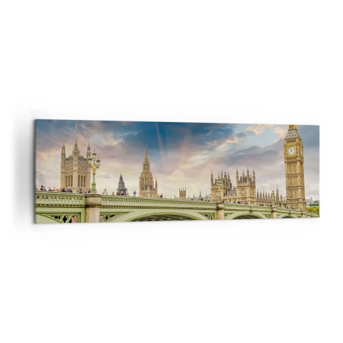 Bild auf Leinwand - Leinwandbild - Big Ben und Westminster Bridge gegen den Himmel in der Abenddämmerung - 160x50cm - Im Imperium ist die Zeit stehen geblieben - Moderne Wanddekoration für Wohnzimmer und Schlafzimmer ARTTOR