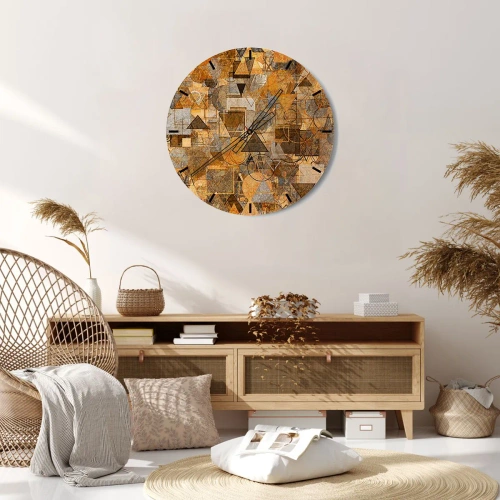 Wanduhr - Glasuhr - Abstraktes geometrisches Muster in Gold- und Brauntönen - 30x30cm - Die Welt in Form - Moderne Wanddekoration für Wohnzimmer, Küche und Schlafzimmer ARTTOR