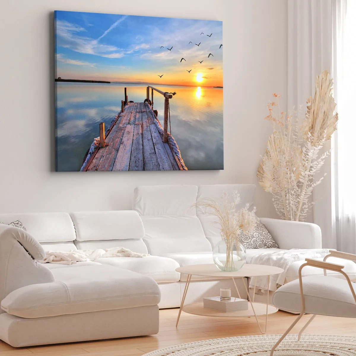 Bild auf Leinwand - Leinwandbild - Holzsteg bei Sonnenuntergang auf einem ruhigen See - 70x50cm - Lauf direkt der Sonne entgegen - Moderne Wanddekoration für Wohnzimmer und Schlafzimmer ARTTOR