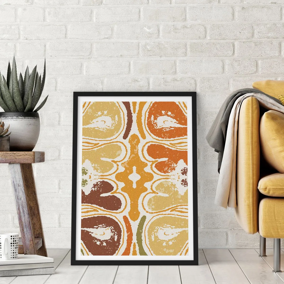 Poster in einem schwarzem Rahmen - Symmetrische Abstraktion in warmen Erdtönen - 50x70cm - Sentimentale Abstraktion - Moderne Wanddekoration für Wohnzimmer und Schlafzimmer ARTTOR