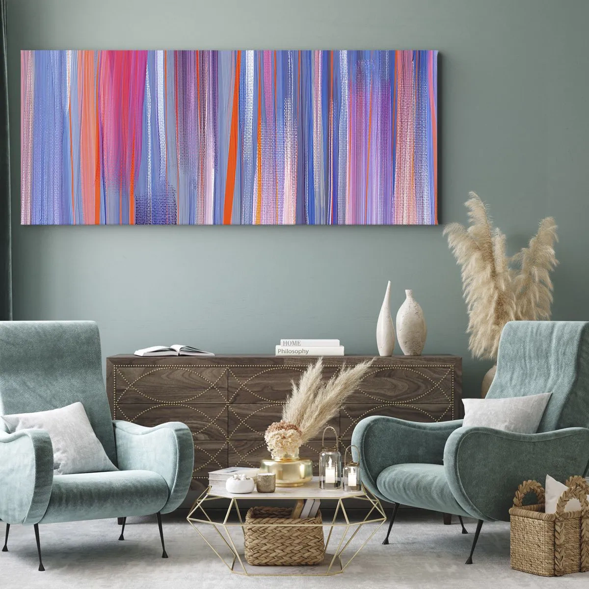 Bild auf Leinwand - Leinwandbild - Abstrakte vertikale Linien in Blau- und Rosatönen - 120x50cm - Aufstieg zum Regenbogen - Moderne Wanddekoration für Wohnzimmer und Schlafzimmer ARTTOR
