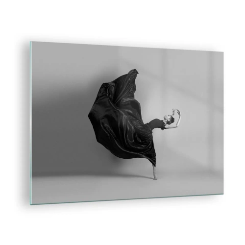 Glasbild - Bild auf glas - Eine Tänzerin in einem schwarzen Kleid schwebt dynamisch in der Luft - 70x50cm - Beflügelt durch die Musik - Moderne Wanddekoration für Wohnzimmer und Schlafzimmer ARTTOR