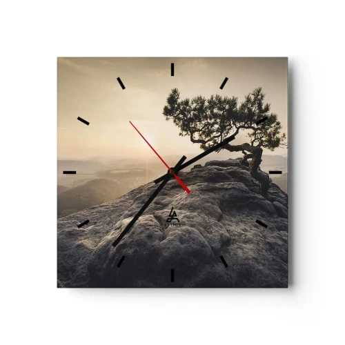 Wanduhr - Glasuhr - Ein einsamer Baum auf einem felsigen Gipfel im Sonnenlicht - 30x30cm - Das Leben gewinnt immer - Moderne Wanddekoration für Wohnzimmer und Schlafzimmer ARTTOR