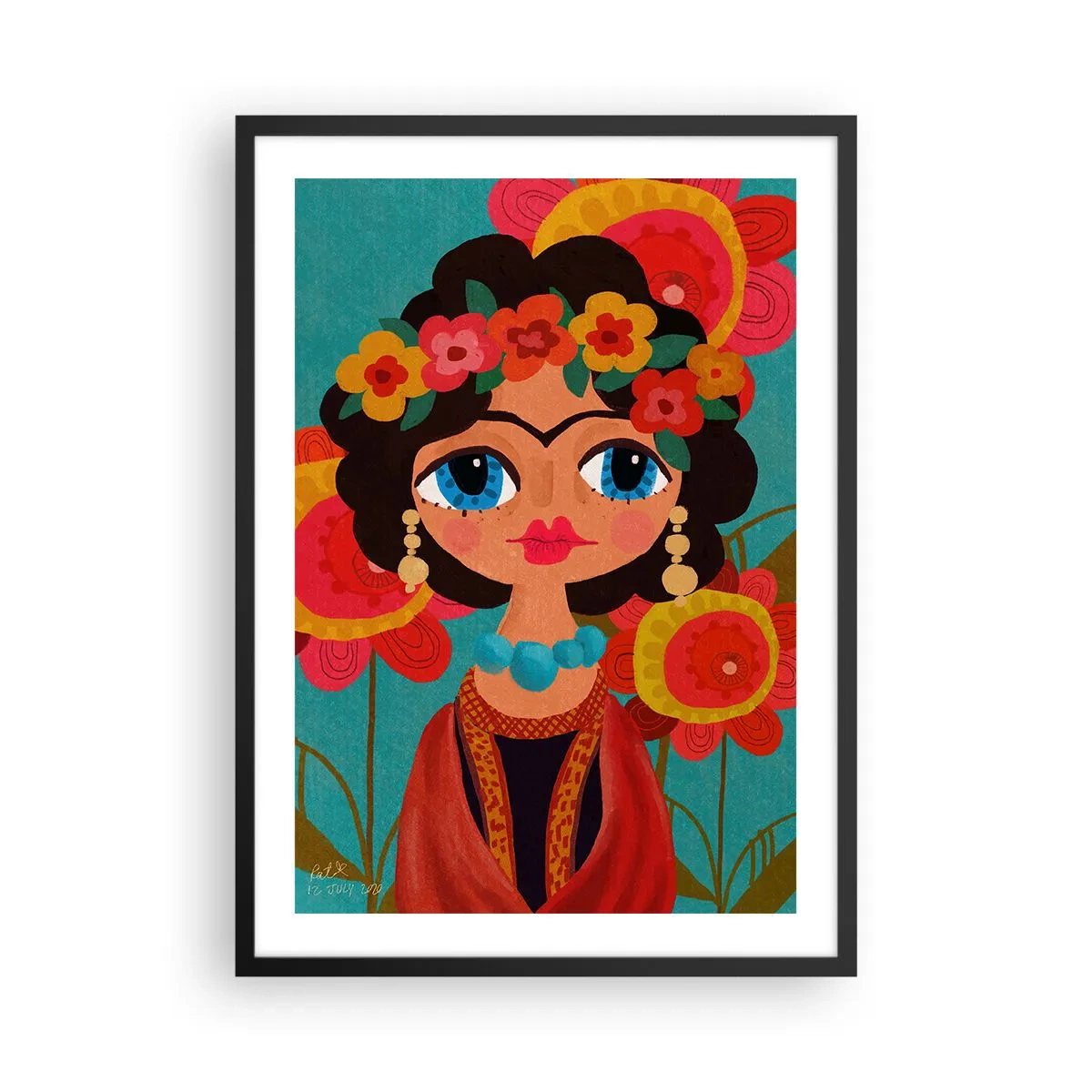 Poster in einem schwarzem Rahmen - Farbenfrohes Frauenporträt im Folk-Stil mit Blumenkrone - 50x70cm - Fräulein Poppy - Moderne Wanddekoration für Wohnzimmer und Schlafzimmer ARTTOR