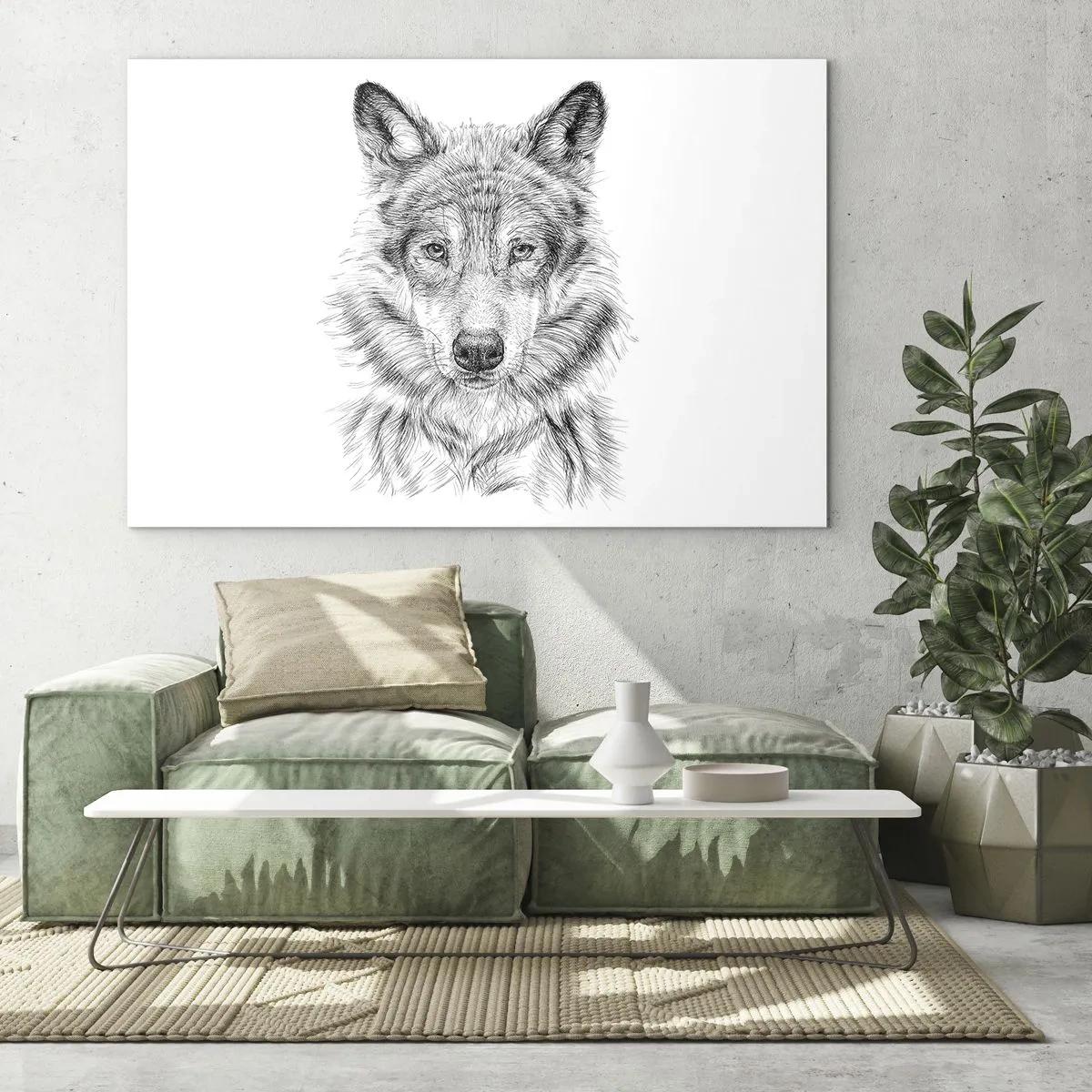 Glasbild - Bild auf glas - Schwarz-weiße Skizze eines Wolfskopfes auf weißem Hintergrund - 120x80cm - Ein geborener Anführer - Moderne Wanddekoration für Wohnzimmer und Schlafzimmer ARTTOR