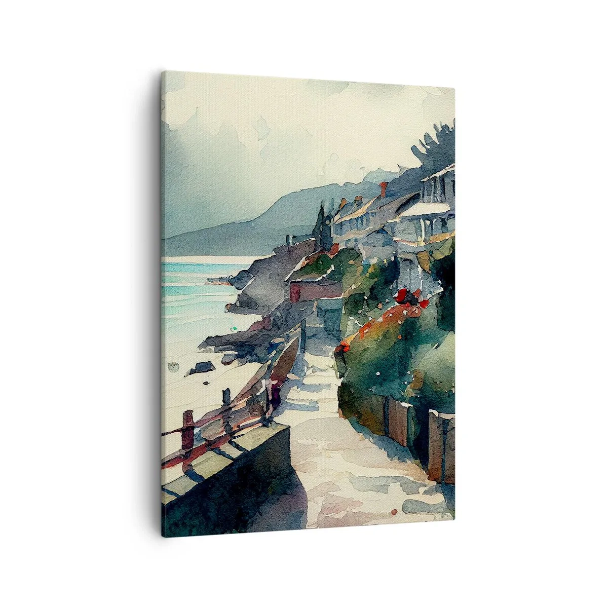 Bild auf Leinwand - Leinwandbild - Strandpromenade mit Häusern und Vegetation - 50x70cm - Mittelmeerstadt - Moderne Wanddekoration für Wohnzimmer und Schlafzimmer ARTTOR