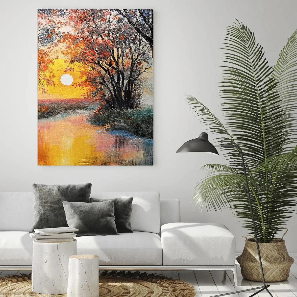 Glasbild - Bild auf glas - Sonnenuntergang über dem Fluss in einer Herbstlandschaft - 70x100cm - Herbststimmung - Moderne Wanddekoration für Wohnzimmer und Schlafzimmer ARTTOR