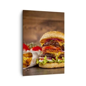 Bild auf Leinwand - Leinwandbild - Appetitlicher Burger mit Extras - 50x70cm - Die verbotene Frucht - Moderne Wanddekoration für Wohnzimmer und Schlafzimmer ARTTOR