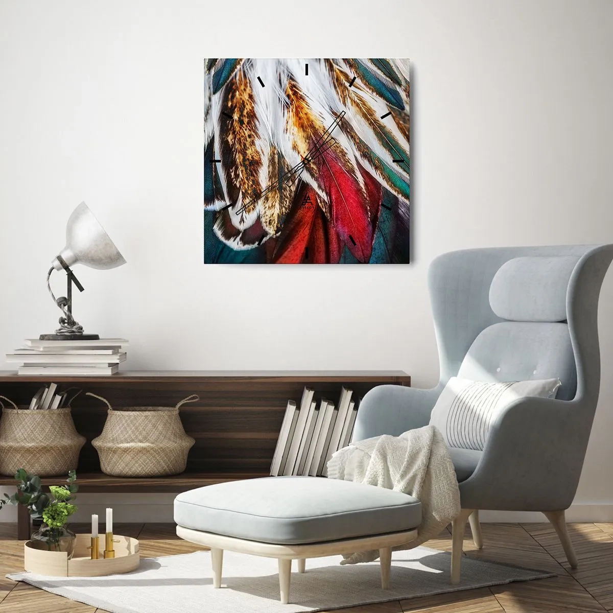 Wanduhr - Glasuhr - Nahaufnahme von mehrfarbigen Federn in leuchtenden, intensiven Farben - 30x30cm - Geheimnisse des Fliegens - Moderne Wanddekoration für Wohnzimmer und Schlafzimmer ARTTOR