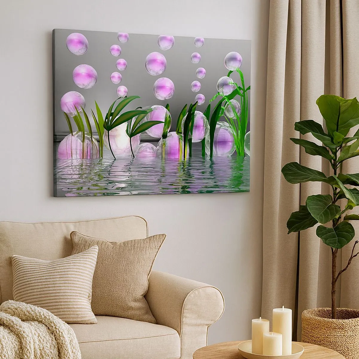 Bild auf Leinwand - Leinwandbild - Grüne Blätter und rosa Blasen über dem Wasser auf grauem Hintergrund - 70x50cm - Eine reflektierende Komposition aus Leichtigkeit und Leben - Moderne Wanddekoration für Wohnzimmer und Schlafzimmer ARTTOR