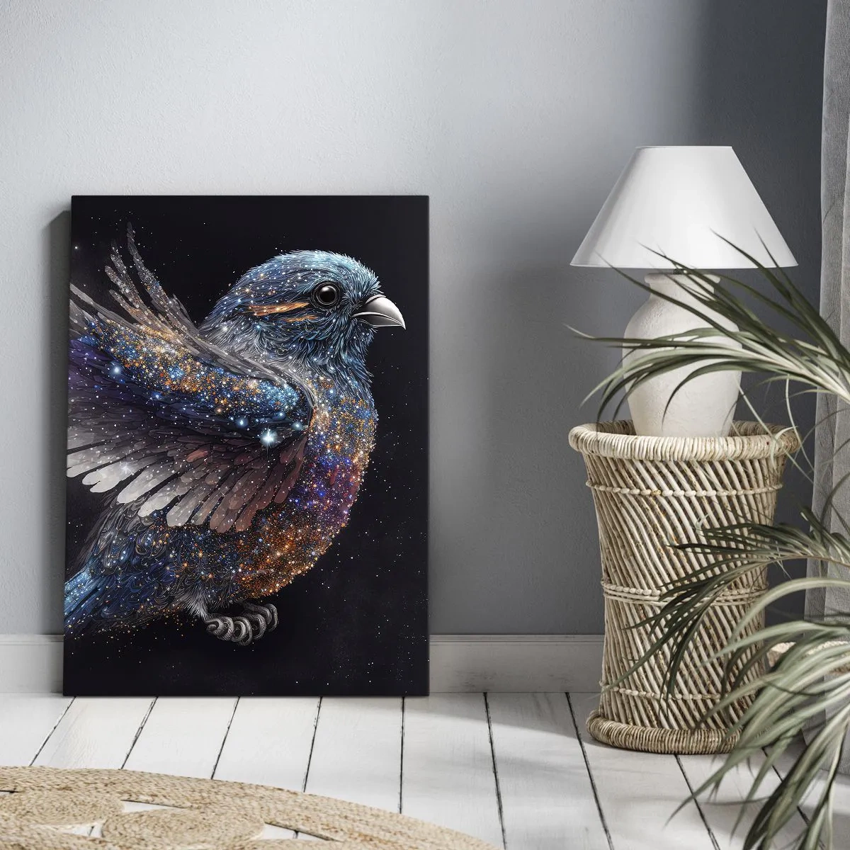 Bild auf Leinwand - Leinwandbild - Ein Spatz im Space-Age-Stil mit Diamantglanz - 50x70cm - Diamantsperling - Moderne Wanddekoration für Wohnzimmer und Schlafzimmer ARTTOR