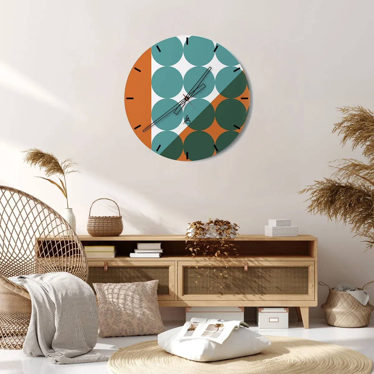 Wanduhr - Glasuhr - Geometrische Kreise in Grün- und Orangetönen - 30x30cm - Nach oben und schräg - Moderne Wanddekoration für Wohnzimmer, Küche und Schlafzimmer ARTTOR